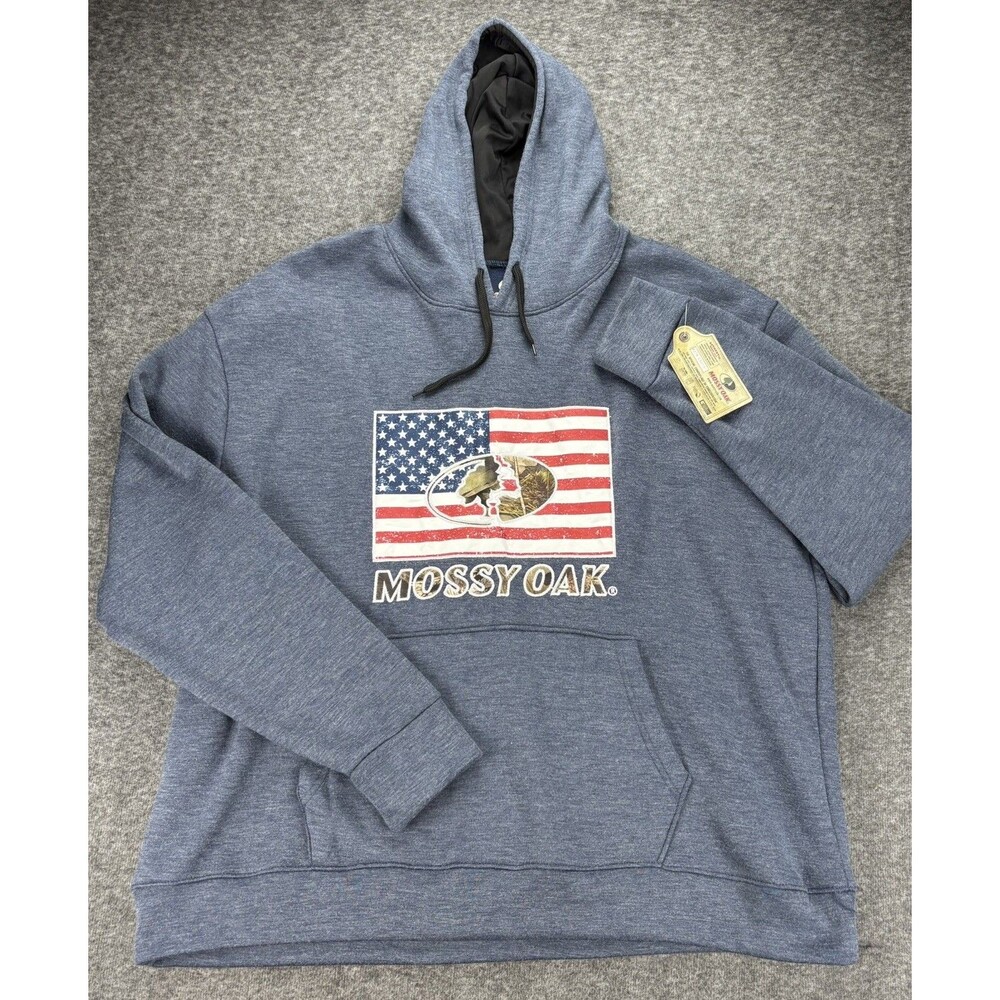 Mossy Oak Mens 3XL Hoodie American Flag Camo Hunting Pullover Blue NWT